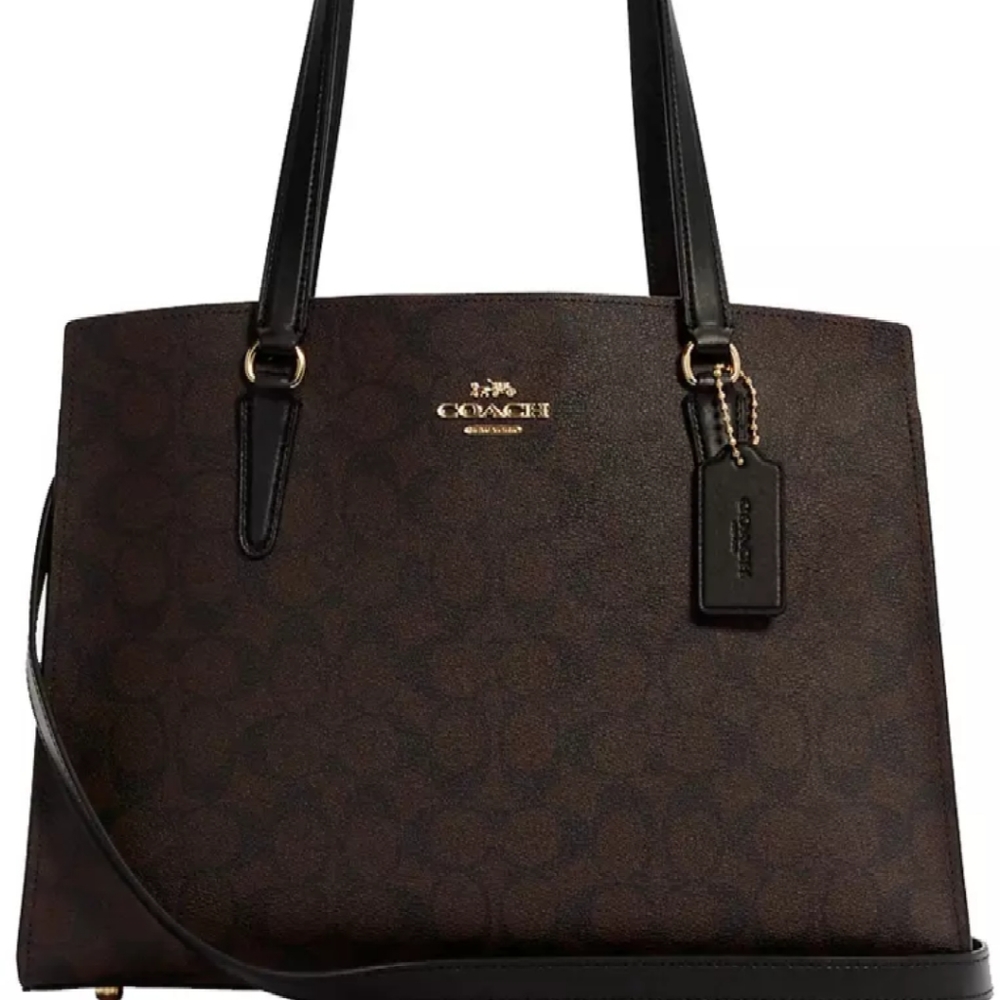 COACH C4075 TATUM CARRYALL TOTE BROWN SIGNATURE WITH BLACK LEATHER NEW WITH TAGS